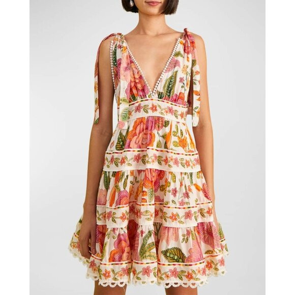 Farm Rio Macaw Bloom Tie-Shoulder Tiered Mini Dress Size M | Poshmark