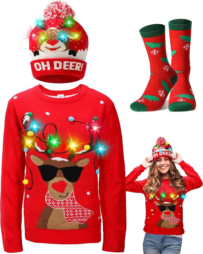 Liitrsh Ugly Christmas Sweater for Women Light up Reindeer 2025 with LED Knitted Xmas Pullover Ha... | Amazon (US)