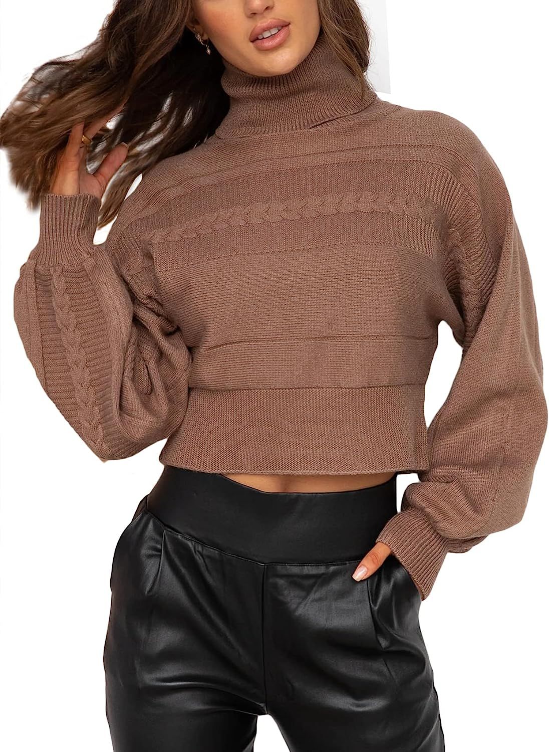 Womens Long Sleeve Turtleneck Knit Sweater Crop Tops Loose Ribbed Casual Cropped Pullover Sweater... | Amazon (US)
