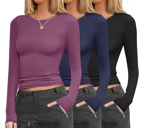 Ekouaer Womens 3 Pack Long Sleeve Shirts Fitted Tops Base Layering Tight Thermal Undershirts Black/Navy/Purple L | Amazon (US)