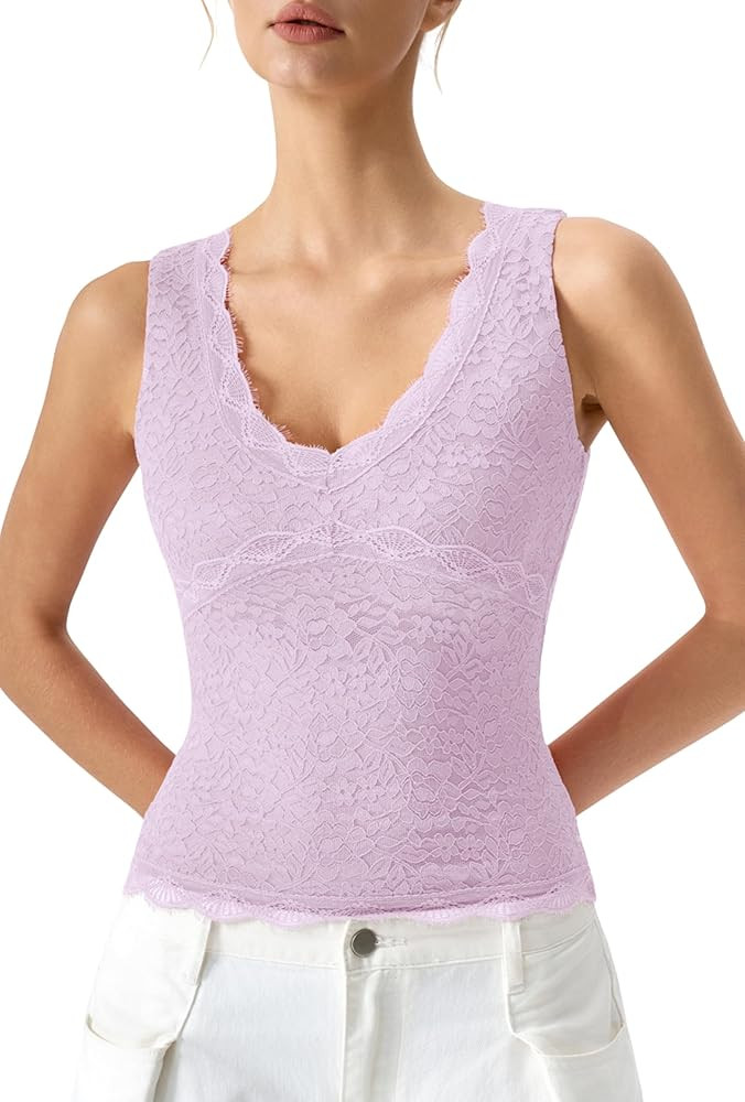 QINSEN Womens Lace Tank Top V Neck Double Lined Basics Slimming Fit Going Out Summer Tops | Amazon (US)