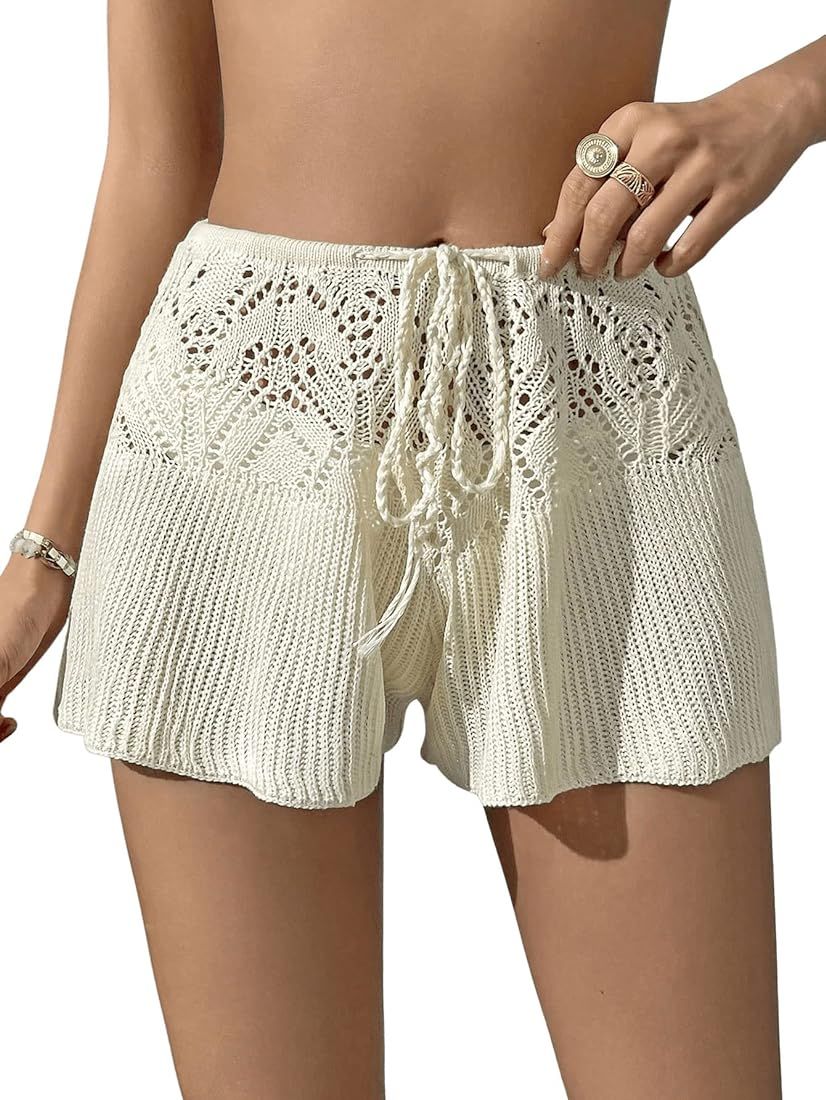 Verdusa Women's Hollow Out Crochet Beach Cover Up Knit Loose Wide Leg Shorts | Amazon (US)