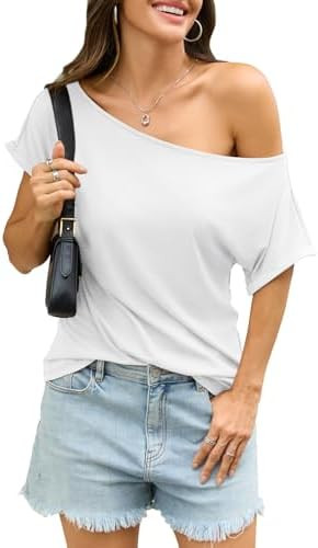 Womens Off Shoulder Tops Sexy Short Sleeve Shirts Rolled Sleeve Loose T Shirts Summer Going Out C... | Amazon (US)
