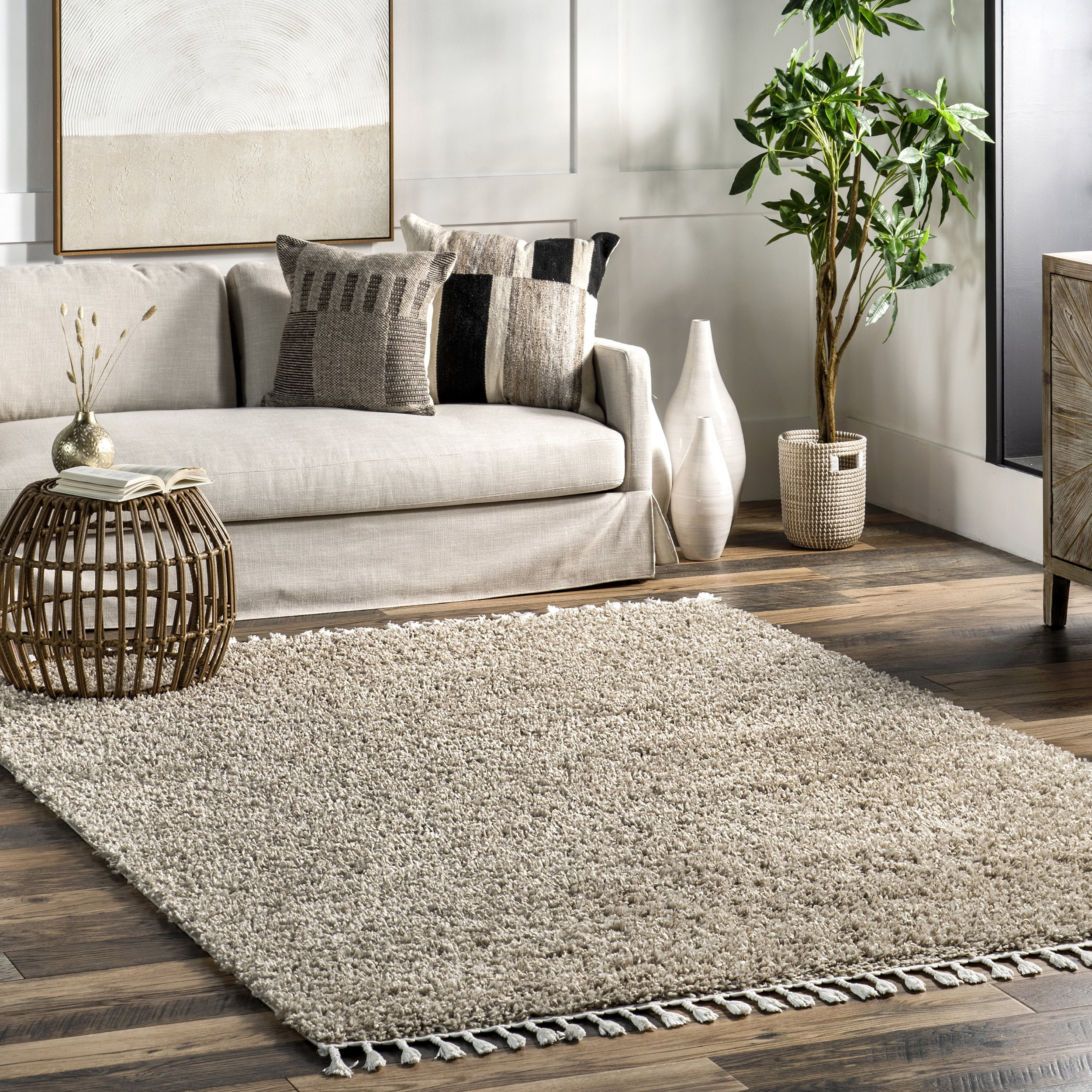 nuLOOM Neva Modern Tasseled Shag Beige 6' 7" x 9' Modern Area Rug | Walmart (US)
