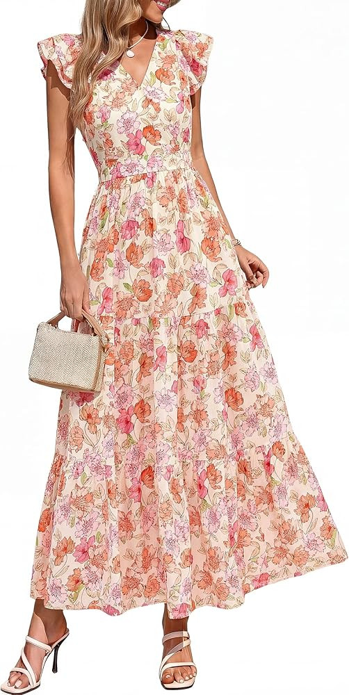 PRETTYGARDEN Women's Spring Summer Maxi Dresses 2026 Casual Wrap V Neck Floral Ruffle Sleeve Flow... | Amazon (US)