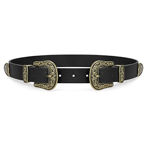 WHIPPY Vintage Western Leather Belt for Women Double Buckle Retro Cowgirl Waist Belts for Jeans Pants and Dresses Black Gold Tone L | Amazon (US)