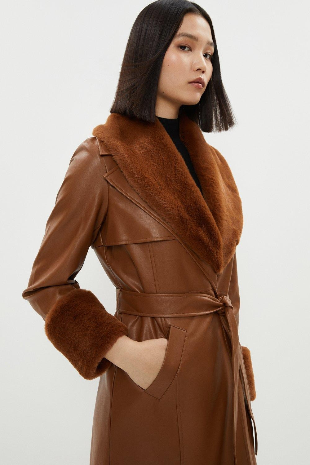 Faux Fur Detail Belted Pu Trench Coat | Coast UK & IE