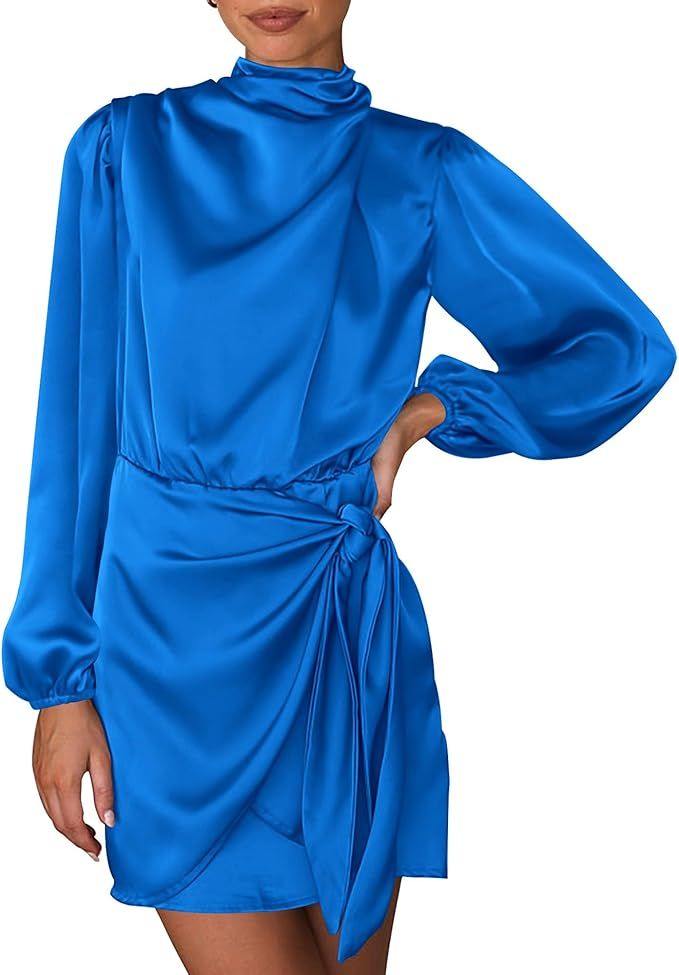 BTFBM Women's Long Sleeve Satin Dress 2023 Summer Fall Mock Neck Ruched Tie Waist Silky Cocktail ... | Amazon (US)
