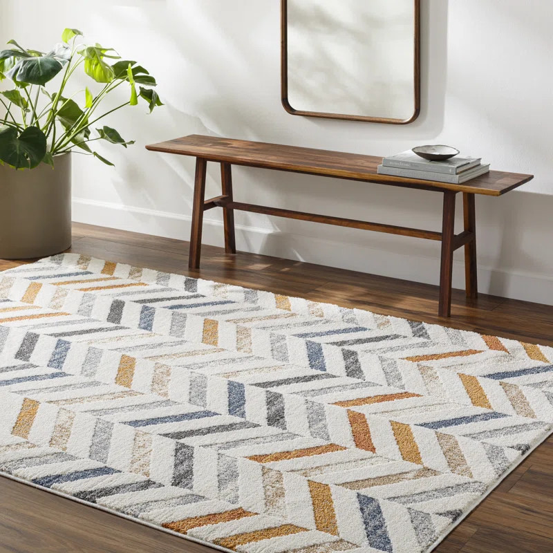 Rectangle Kynon Chevron Machine Woven Polyester Area Rug in Orange/Blue | Wayfair North America