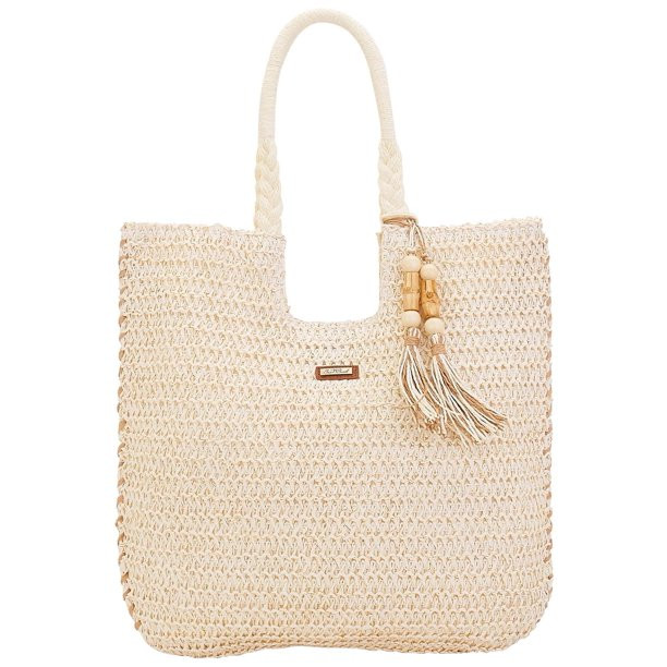 Sun N' Sand Natural Crochet Beaded Tassel Scoop Beach Tote One Size Ivory - Walmart.com | Walmart (US)