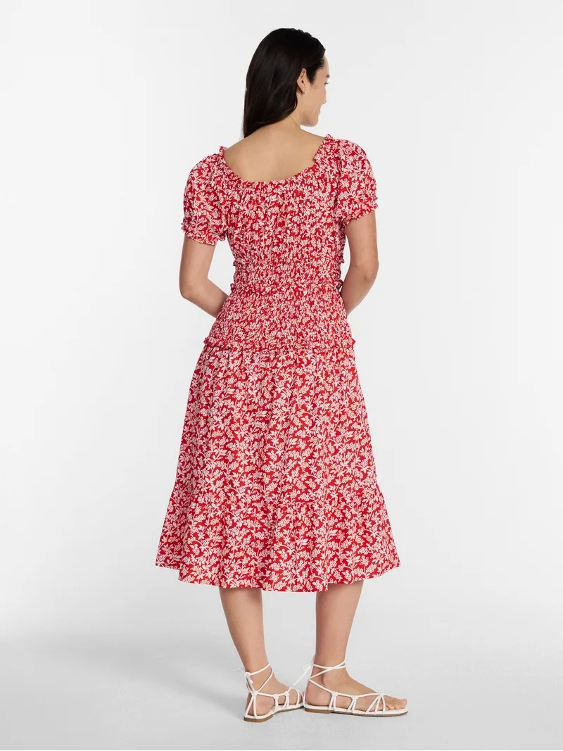 Time and Tru Women's Smocked Cotton Peasant Midi Dress, Sizes XS-XXXL | Walmart (US)