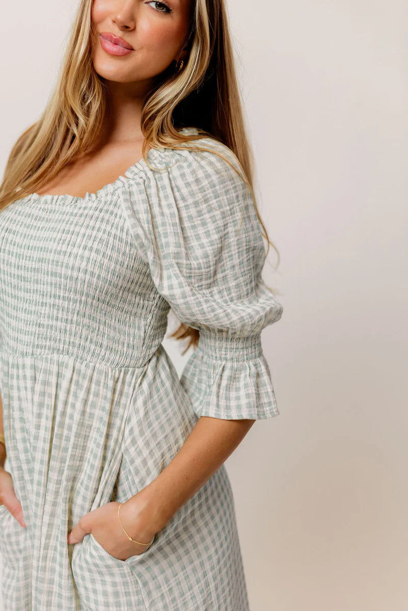 Sienna 100% Cotton Puff Sleeve Maxi Dress in Aqua Plaid (Lined) - Bump | Worth Collective