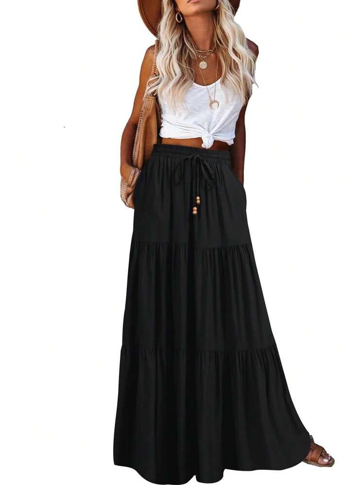 Chic Solid Boho Long Skirt Layel Design With Pockets, Woman's Clothing | SHEIN