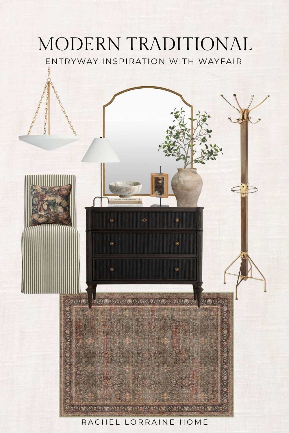 If you're dreaming of a warm, collected entryway, I hope this provides some inspiration. 🤎✨

I'm loving the mix of a statement brass mirror, rich dark wood console, classic striped accent chair, vintage-inspired rug, warm brass lighting, layered organic accessories, and timeless finishing touches. It's the perfect blend of modern traditional style…cozy, elevated, & welcoming. 

Shop the entire mood board below & save this for your next entryway refresh!

#LTKHome