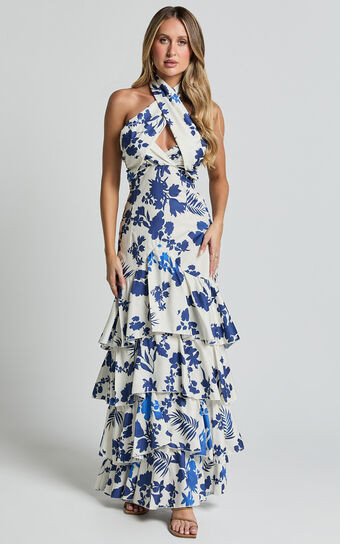 Talia Maxi Dress - Halter Neck Layered Dress in Blue and White Print | Showpo (US, UK & Europe)