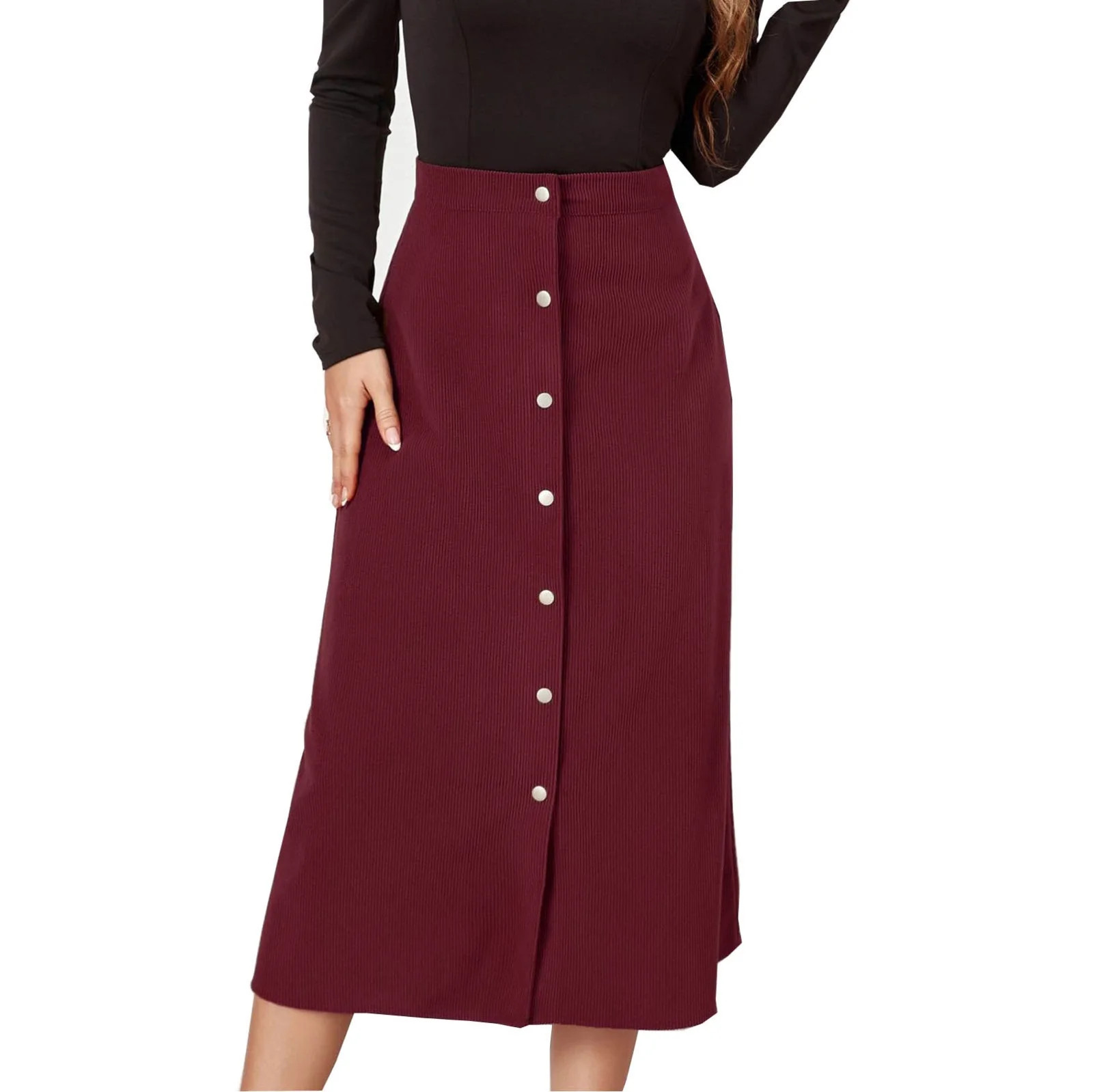 Besolor Women's Fall Winter Corduroy Skirt Vintage High Waisted Basic Buttton Front A-Line Midi S... | Walmart (US)