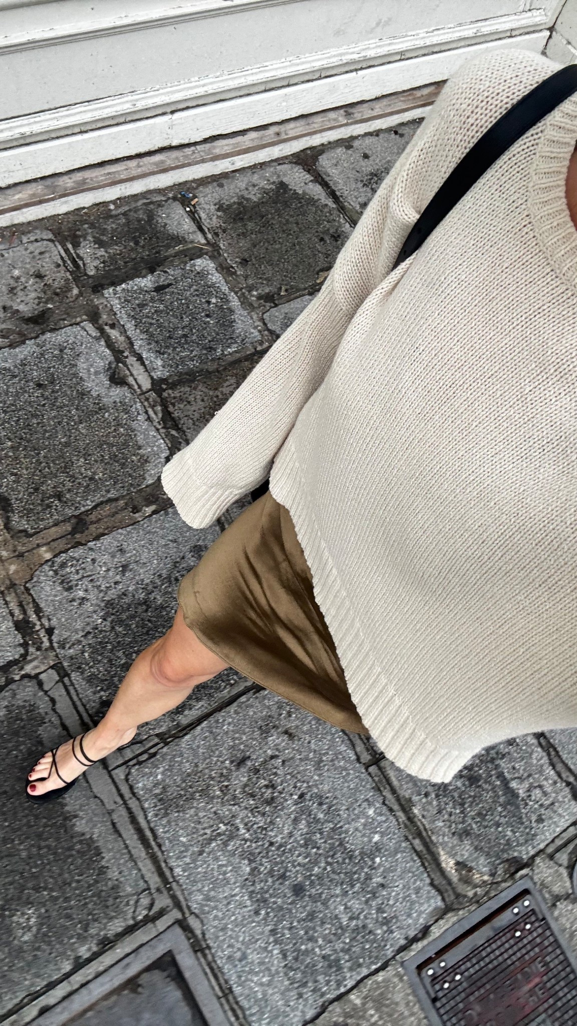 Shona Joy silk dress with Jenni kayne sweater and Eve strappy black heels. Perfect summer outfit!