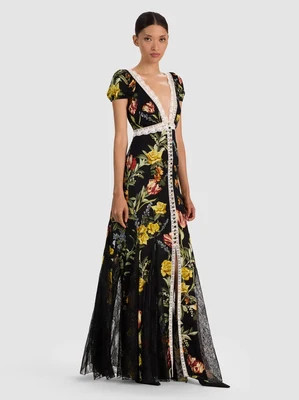 Rose Button Front Maxi Dress - Desert Sprigs Black | Alice + Olivia