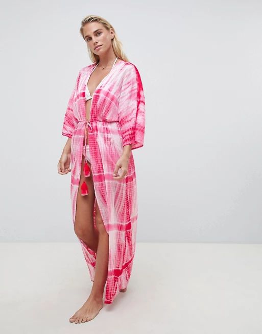 ASOS DESIGN Tie Dye Tassel Trim Maxi Beach Kimono | ASOS US