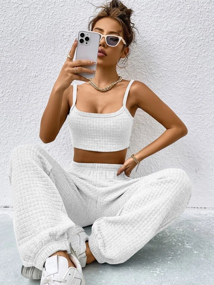 SHEIN EZwear Crop Cami Top & Sweatpants | SHEIN