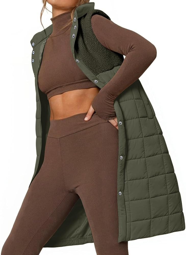UMEKO Women's Long Puffer Vest Fleece Jacket Winter Button Down Sleeveless Coats | Amazon (US)