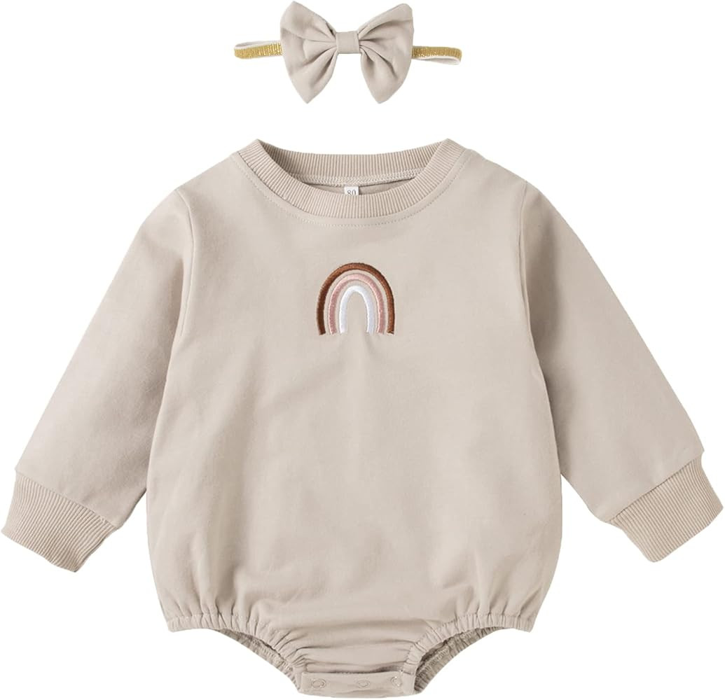 Newborn Baby Girl Clothes Brown Romper Oversized Long Sleeve sweatshirt Rainbow Print Onesies with H | Amazon (US)