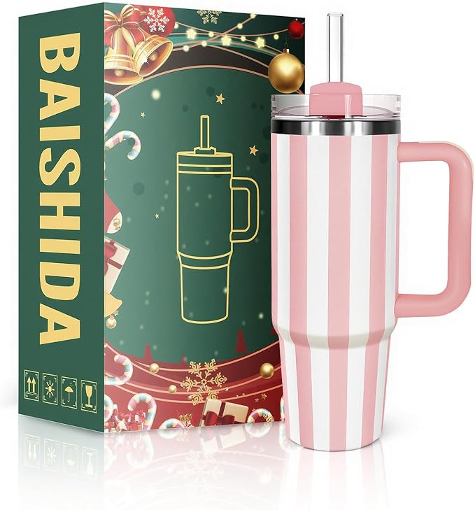 BAISHIDA 30 oz Tumbler with Handle and Straw Classic Striped Insulated Stainless Steel Cup - Peac... | Amazon (US)