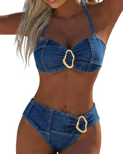 AUMORA Women's Metal Buckle Halter Solid Color Bikini Two-Piece Bathing Suit Sexy Vacation Swimwear | Amazon (US)