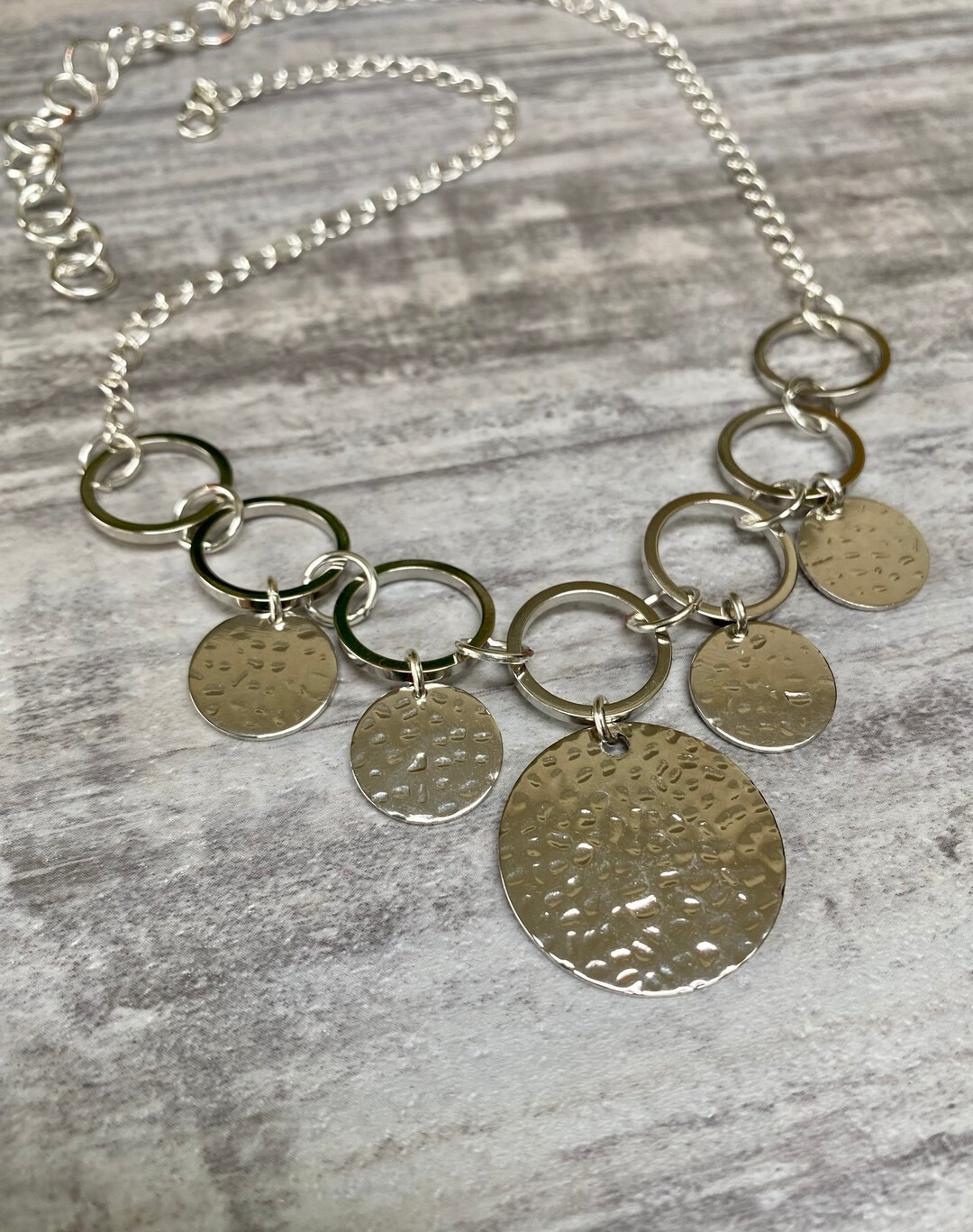 Silver Hoops and Hammered Circles Geometric Statement Necklace | Etsy (Global)