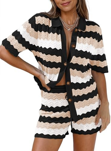 Pink Queen Women Knit Shorts Set 2 Piece Outfits Sweater Cam Shirt with Cam Shorts Sets Striped Black Small | Amazon (US)