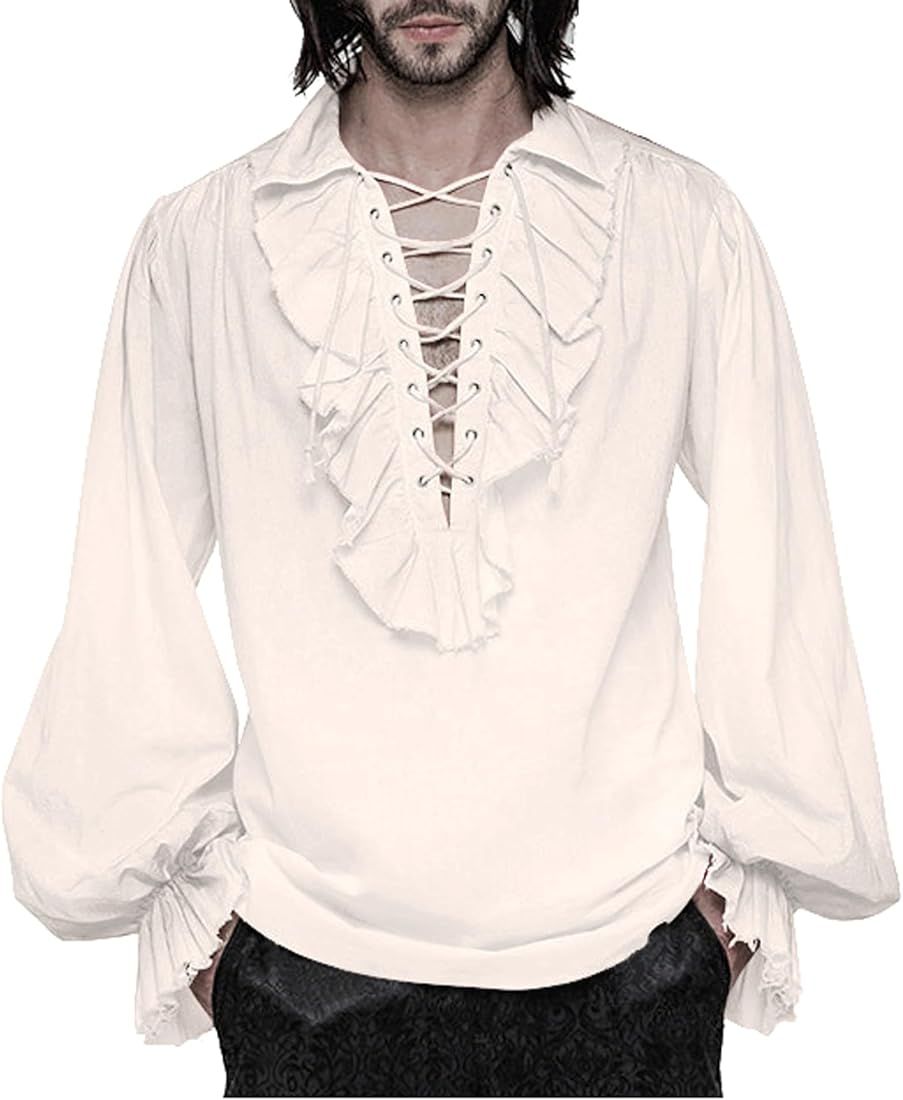 Mens Pirate Costume Shirt Steampunk Medieval Renaissance Shirt Gothic Ruffled Halloween Cosplay T... | Amazon (US)