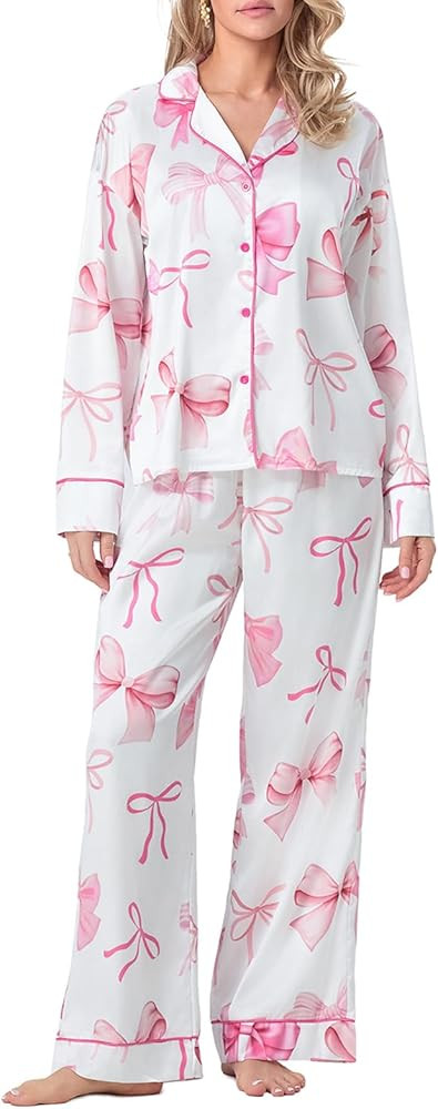 Christmas Bow Pajamas for Women Silk Satin Nutcracker Santa Cute Pjs Long Sleeve Button Lounge Sh... | Amazon (US)