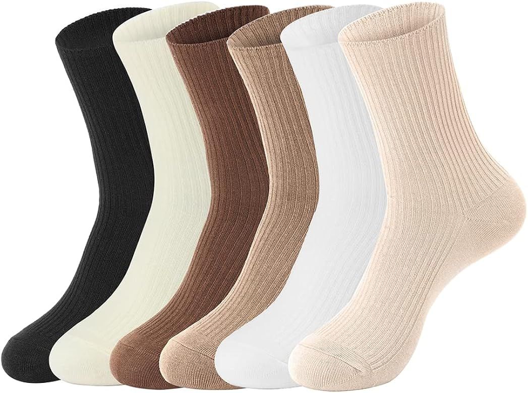 Womens Crew Socks Neutral Colors Cotton Casual Ankle Striped Dress Socks for Women Ladies 6 Pairs | Amazon (US)
