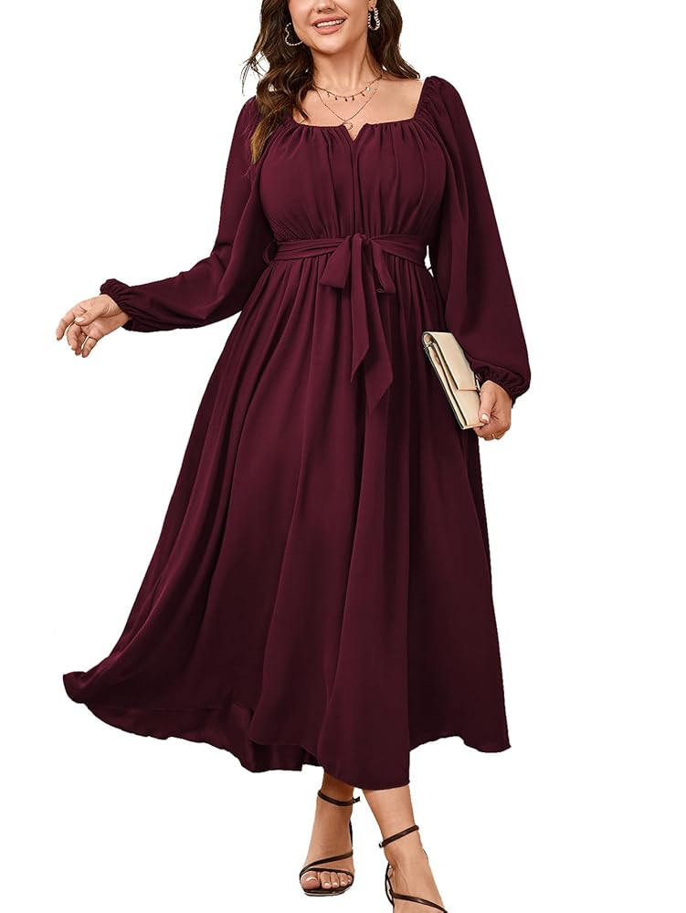 SCOMCHIC Women Plus Size Maxi Dress Long Sleeve Square Neck Wedding Guest Cocktail Belted Elegant... | Amazon (US)