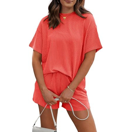 MARZXIN Women 2 Piece Shorts Set 2026 Casual Summer Cruise Outfits Ribbed Loose Short Sleeve Pock... | Amazon (US)