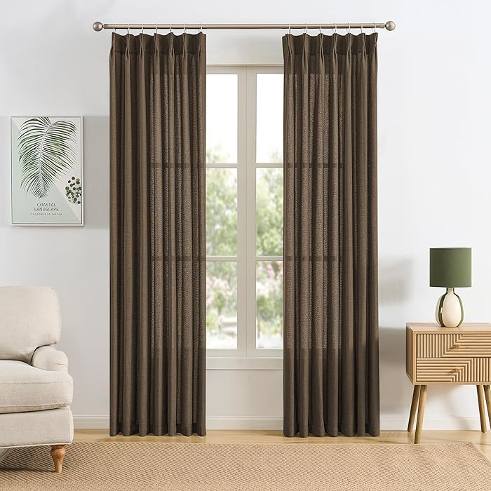 Brown Pleated Linen Curtains 90 Inches Long Farmhouse Semi Sheer Memory Trained Shape Pinch Pleat... | Amazon (US)