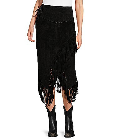 Scully Western Suede Leather High Rise Wrap Fringe Midi Skirt - S | Dillard's