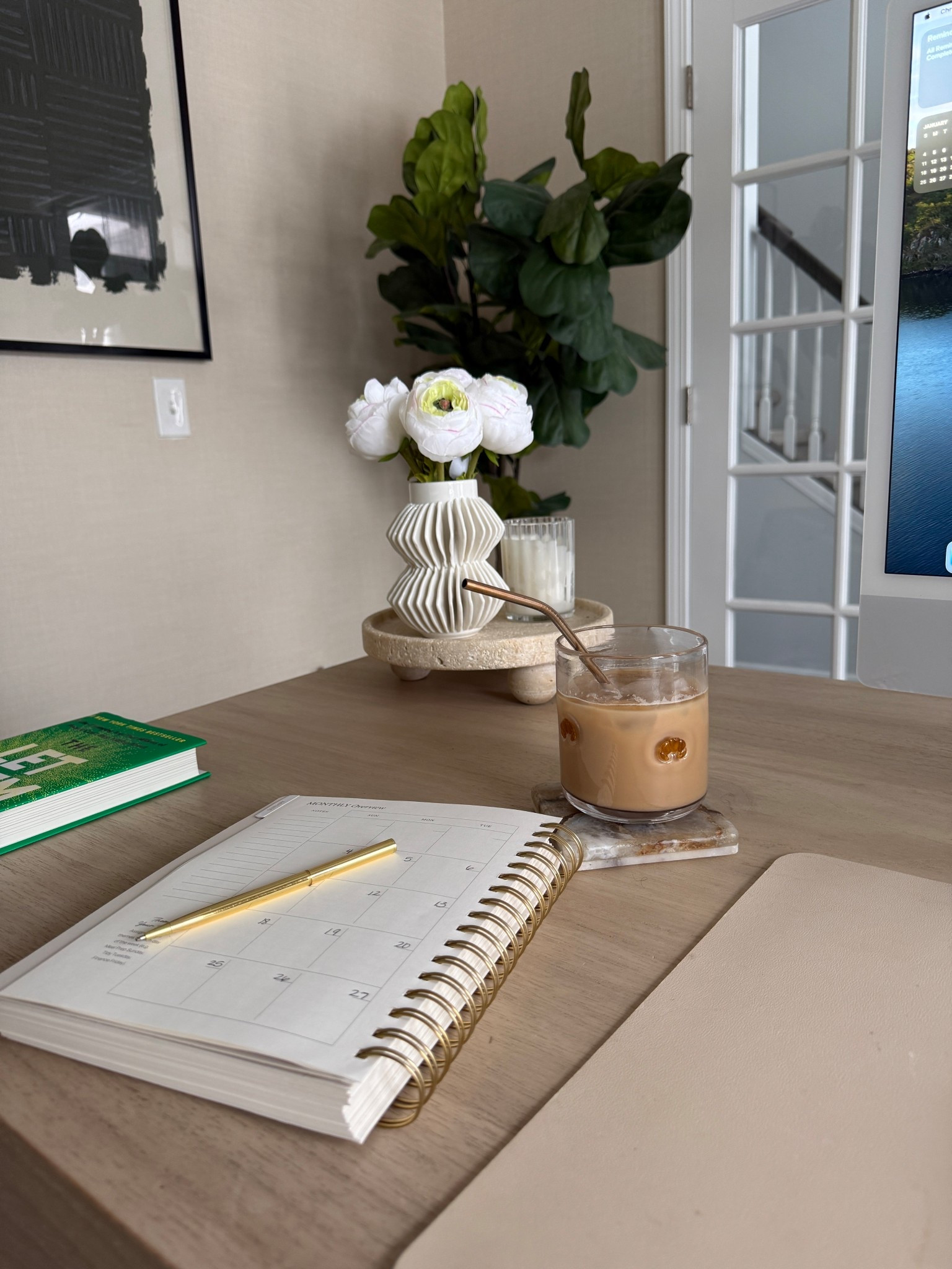 Morning routine: iced coffee + planning. My planner is by Porter & Monrow
