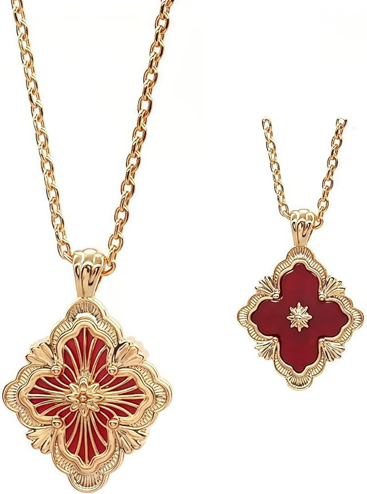 Gold Clover Necklace for Women, Double-Sided Pendant by 18K Gold-plated inlaid Natural Stone Pend... | Amazon (US)