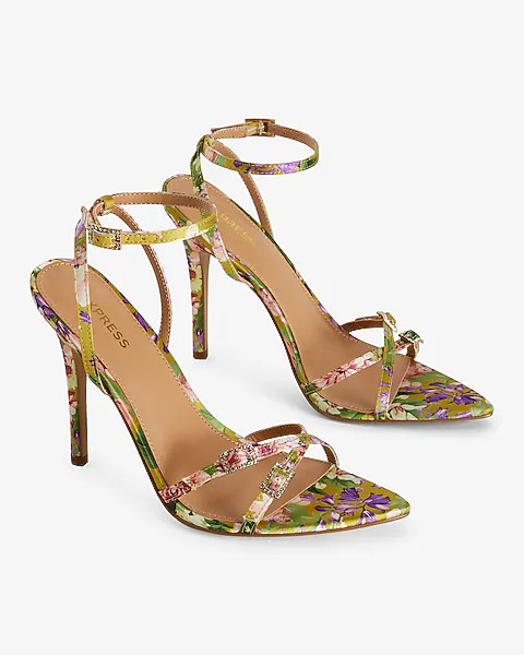 Floral Pointed Toe Strappy Rhinestone Heeled Sandals | Express