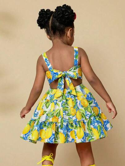 Travachic KIDS Travachic KIDS Young Girl Frill Trim Keyhole Back Butterfly Sleeve Dress ,Lemon Pr... | SHEIN