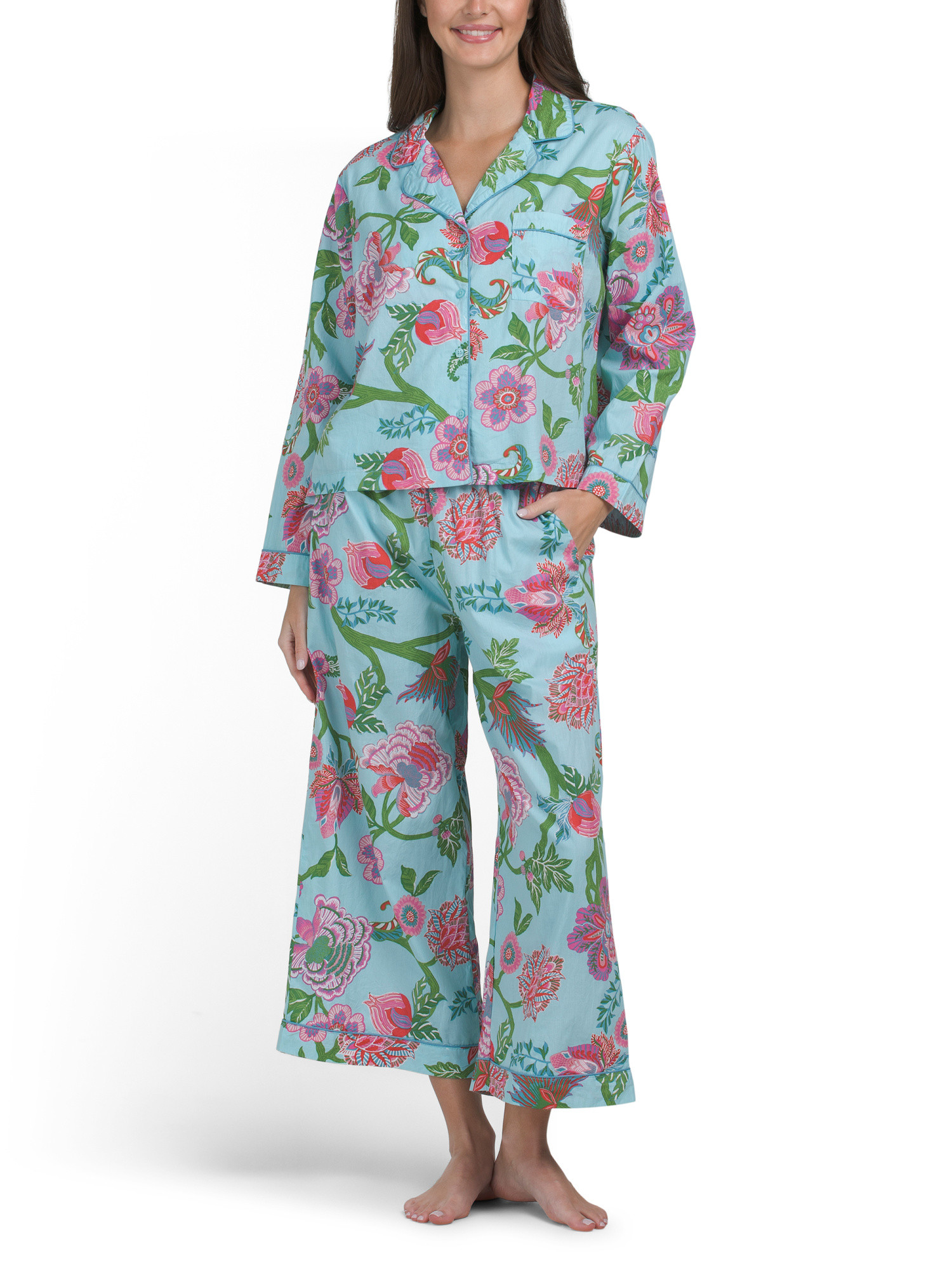 2pc Retro Long Sleeve Notch Collar Top And Pants Pajama Set | TJ Maxx