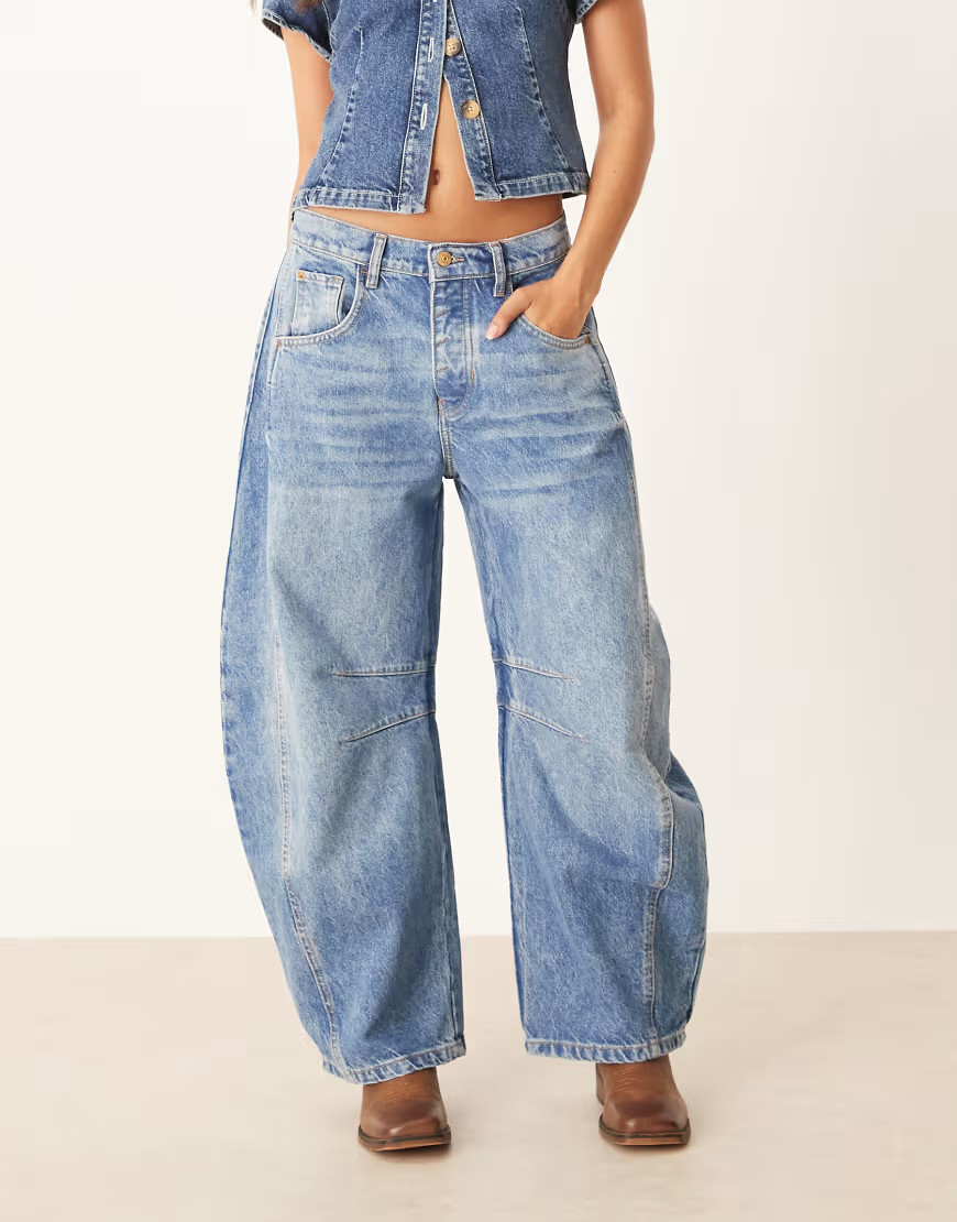 Free People good luck mid rise barrel jean in blue-Pink | ASOS (Global)