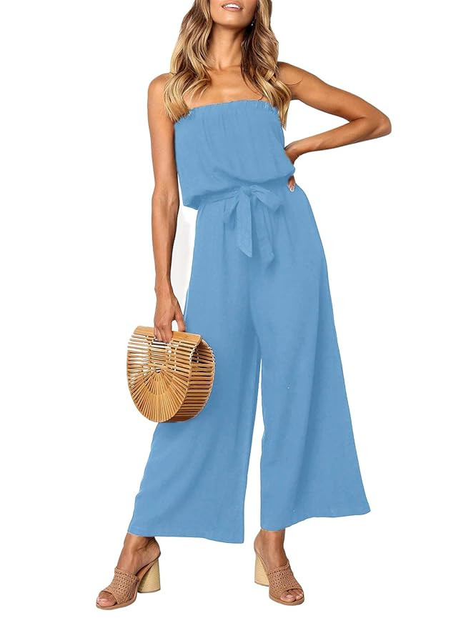 ZESICA Women's Casual Off Shoulder Solid Color Strapless Belted Wide Leg Jumpsuit Romper | Amazon (US)