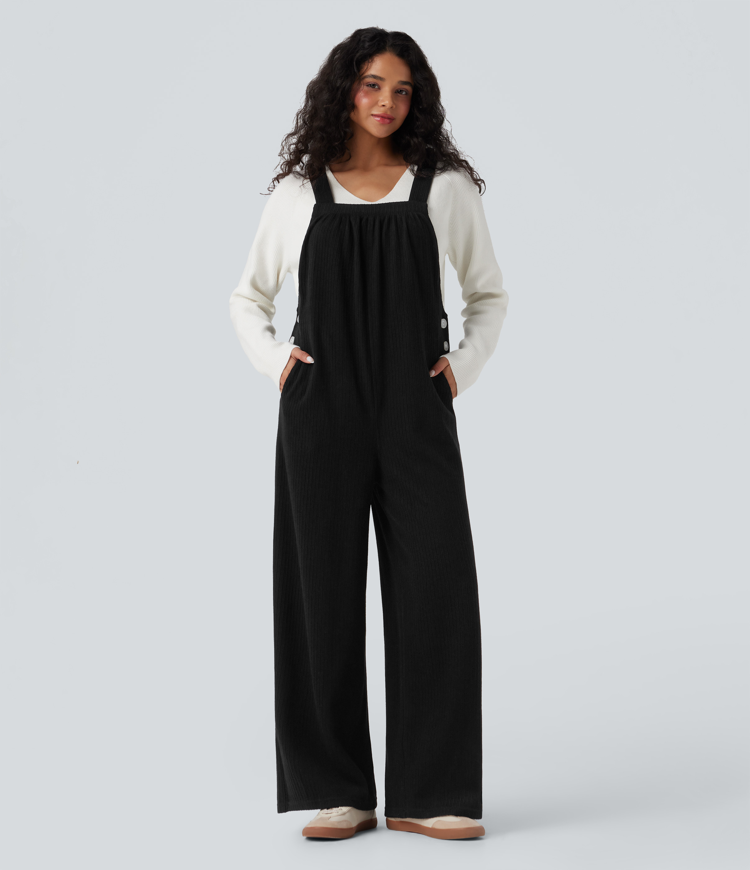 Halara Ribbed Square Neck Casual Overalls with Pockets - Black - XS(regular) | HALARA