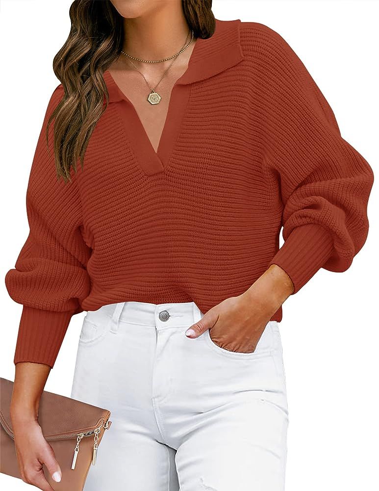 ZESICA Women's Fall Lapel Collar V Neck Long Sleeve Ribbed Knit Comfy Loose Casual Pullover Sweater  | Amazon (US)