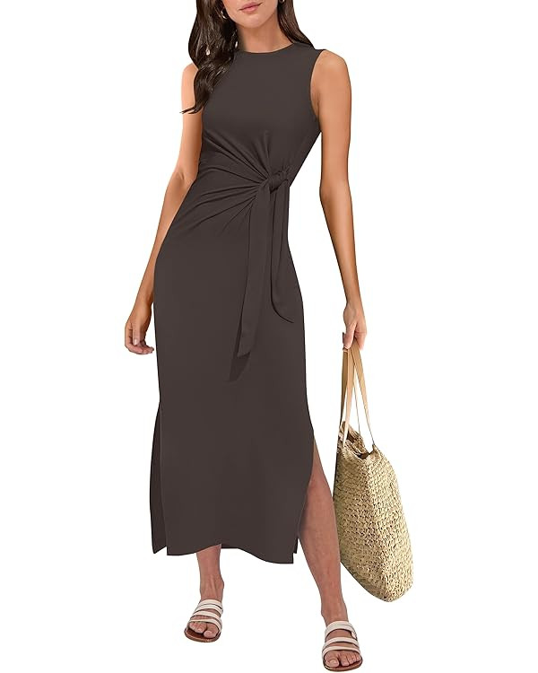 ANRABESS Womens Summer Casual Sleeveless T Shirt Midi Dress Slim Fit Tie Waist Split Tank Long Dr... | Amazon (US)