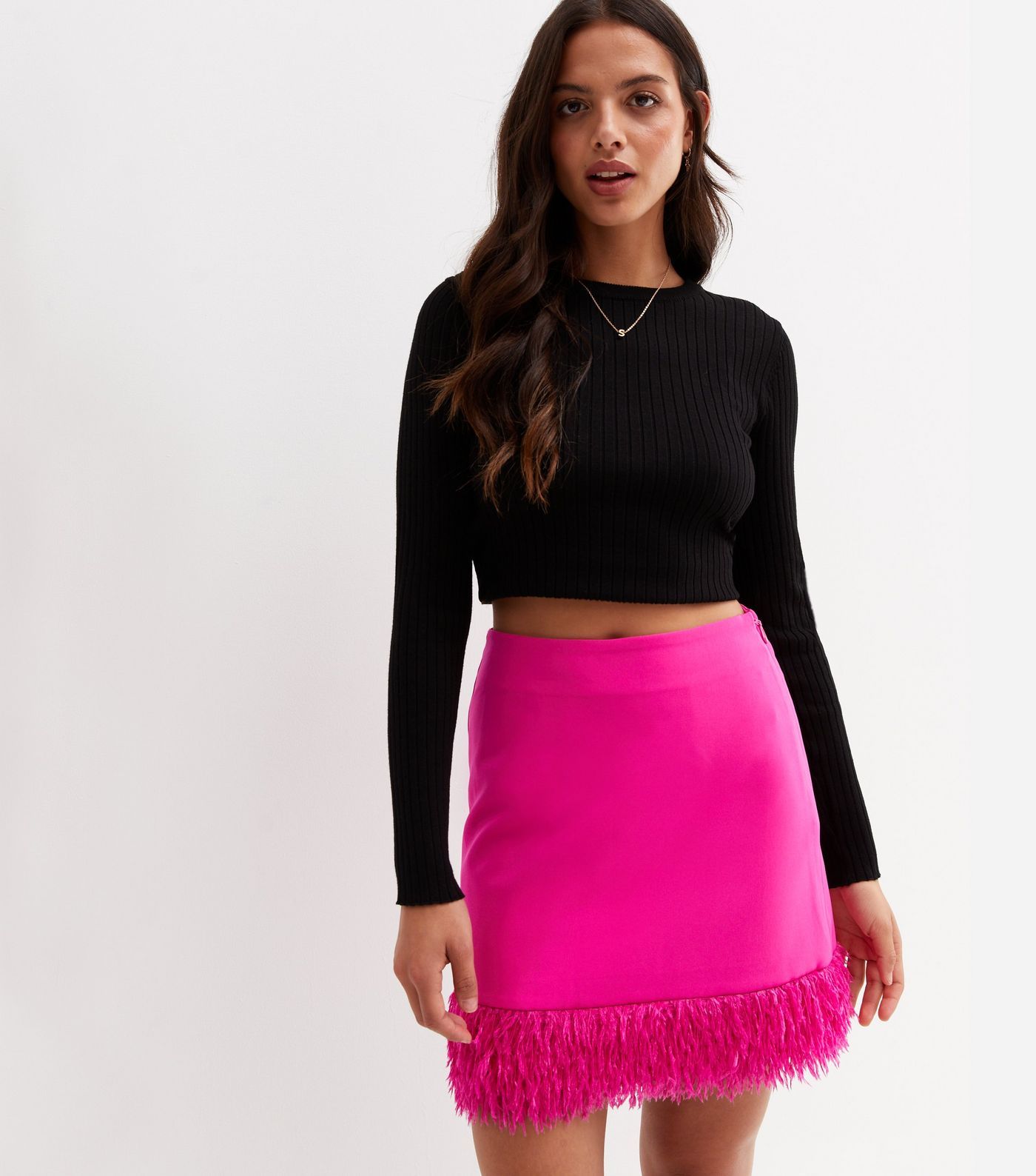 Bright Pink Faux Feather Hem Mini Skirt
						
						Add to Saved Items
						Remove from Saved I... | New Look (UK)