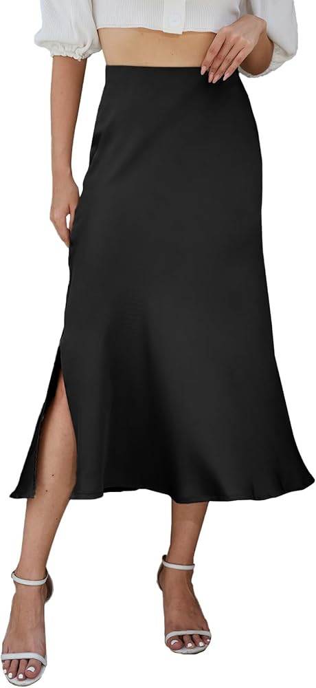 Women’s Midi Satin Skirt Side Slit High Elastic Waisted Summer2025 Elegant Solid Skirts for Wom... | Amazon (US)