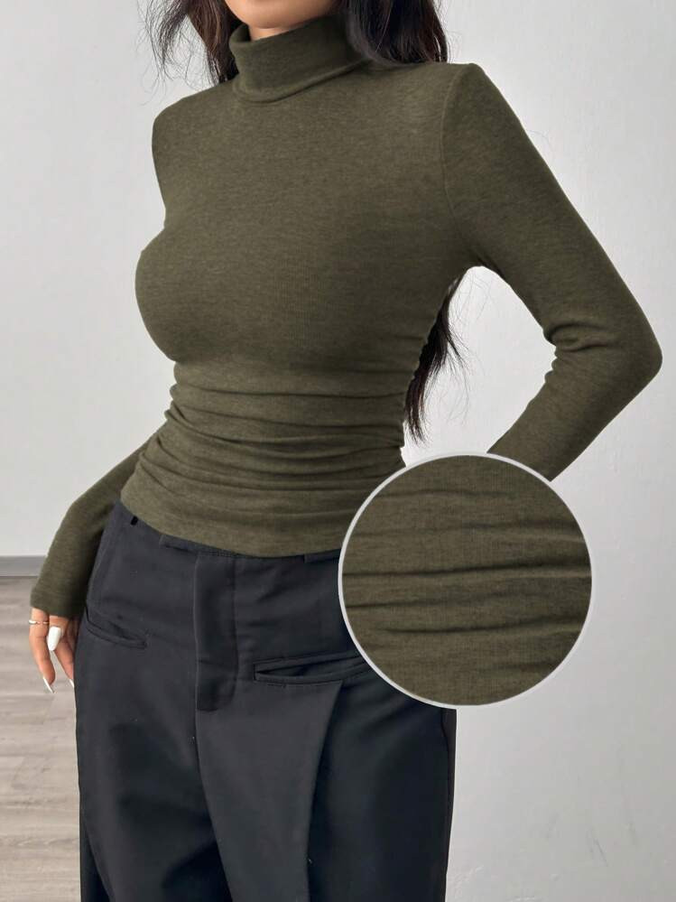 SHEIN EZwear Women's High Collar Long Sleeve Fitted Minimalist Top, Casual Everyday Wear Fitted Tops Grey Top Women | SHEIN